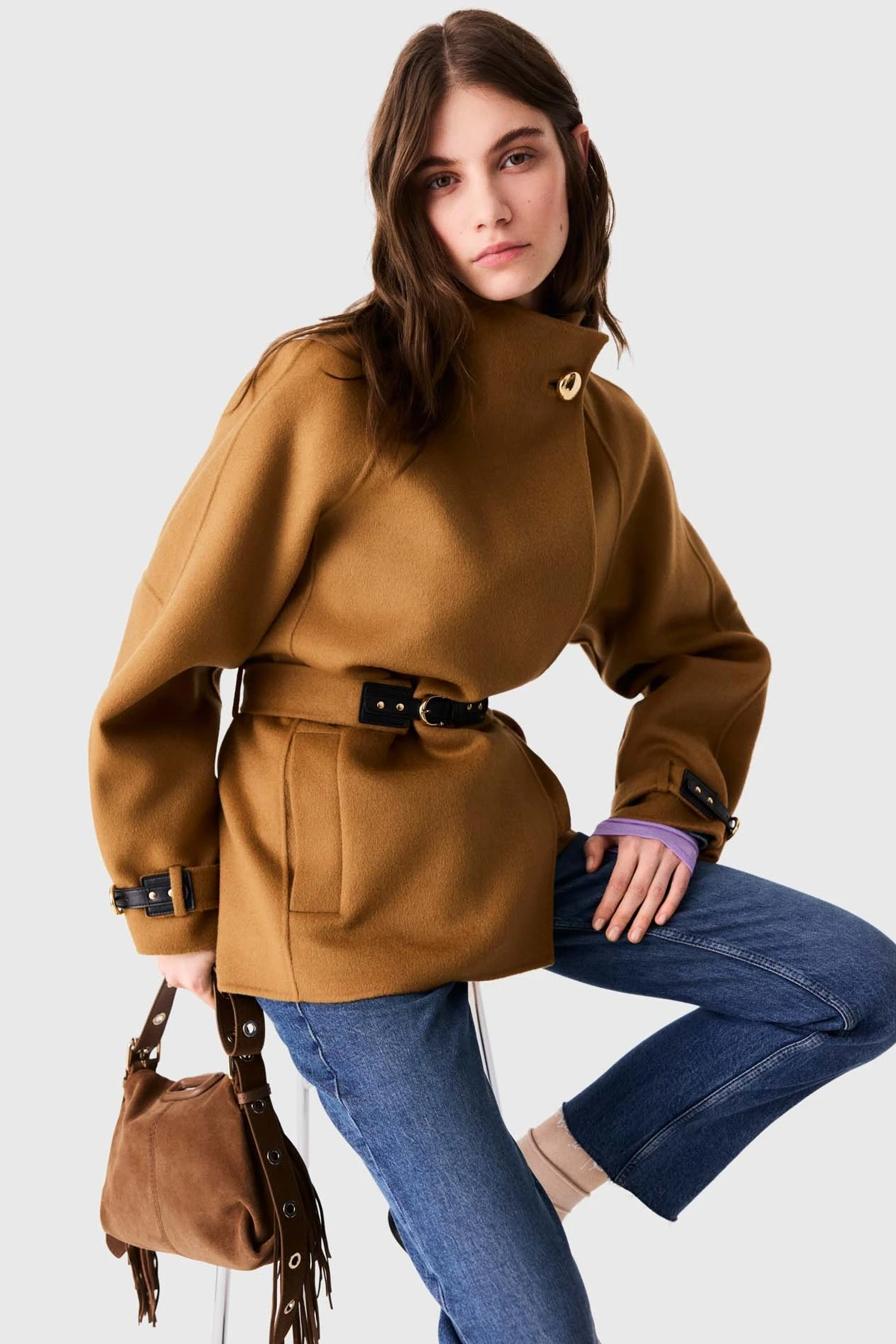 Belted mid-length wool coat - Camel