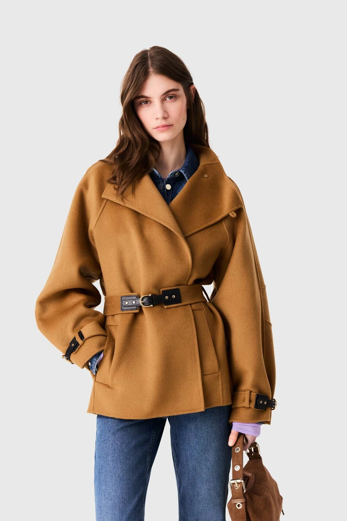 Belted mid-length wool coat - Camel