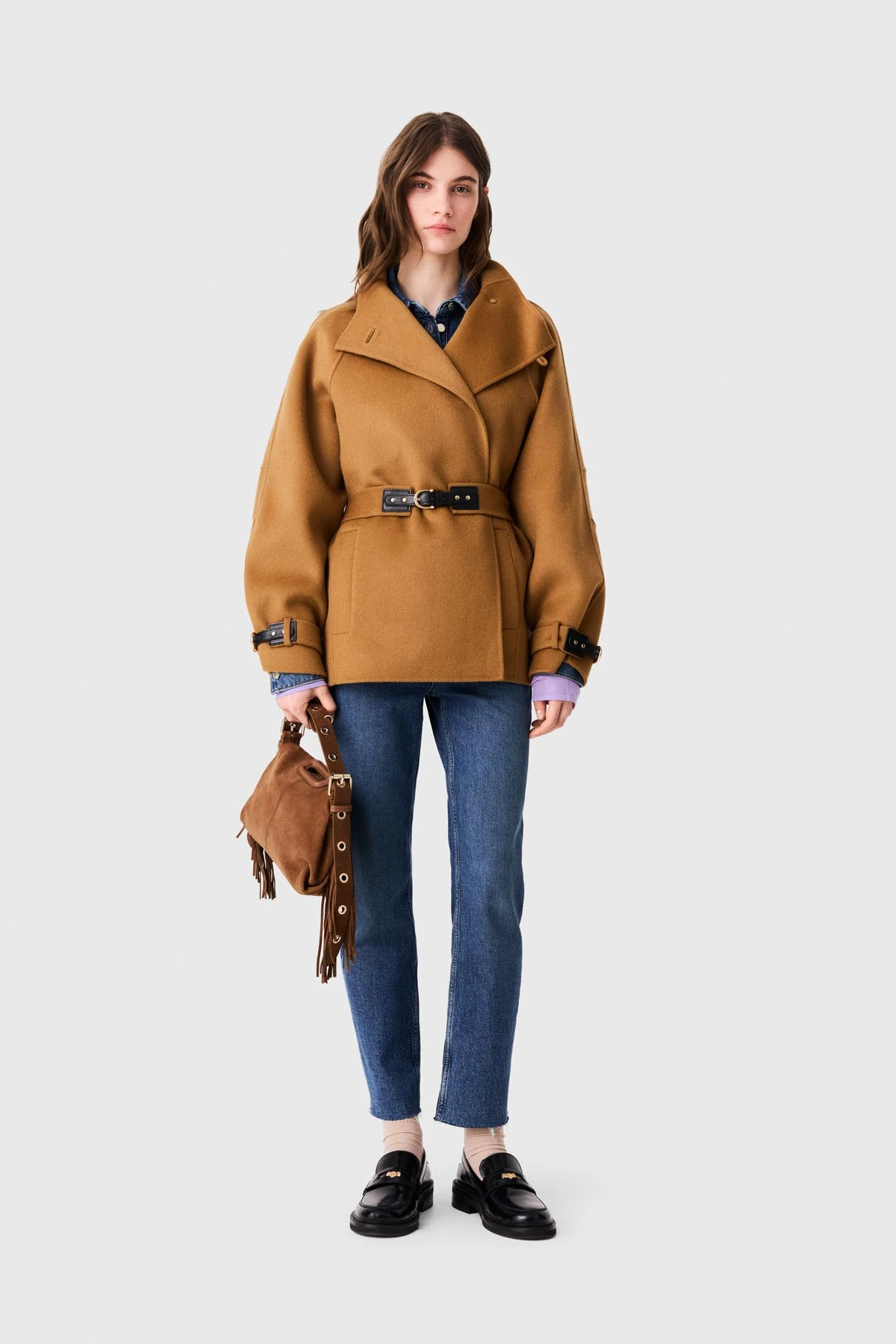 Belted mid-length wool coat - Camel