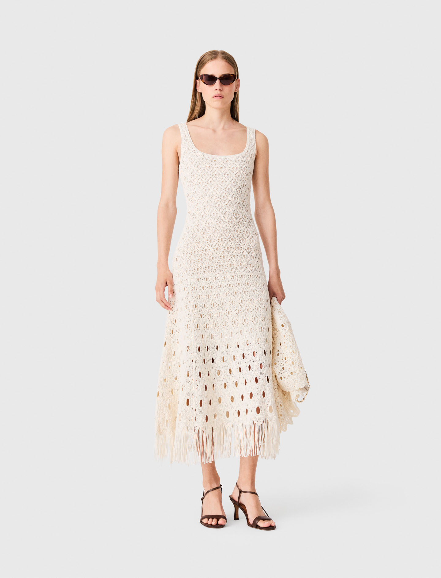 Fringed crochet maxi dress - Ecru