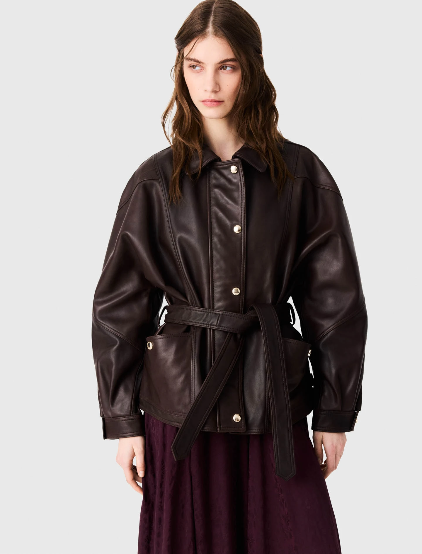 Oversize gold-button leather jacket - Brown