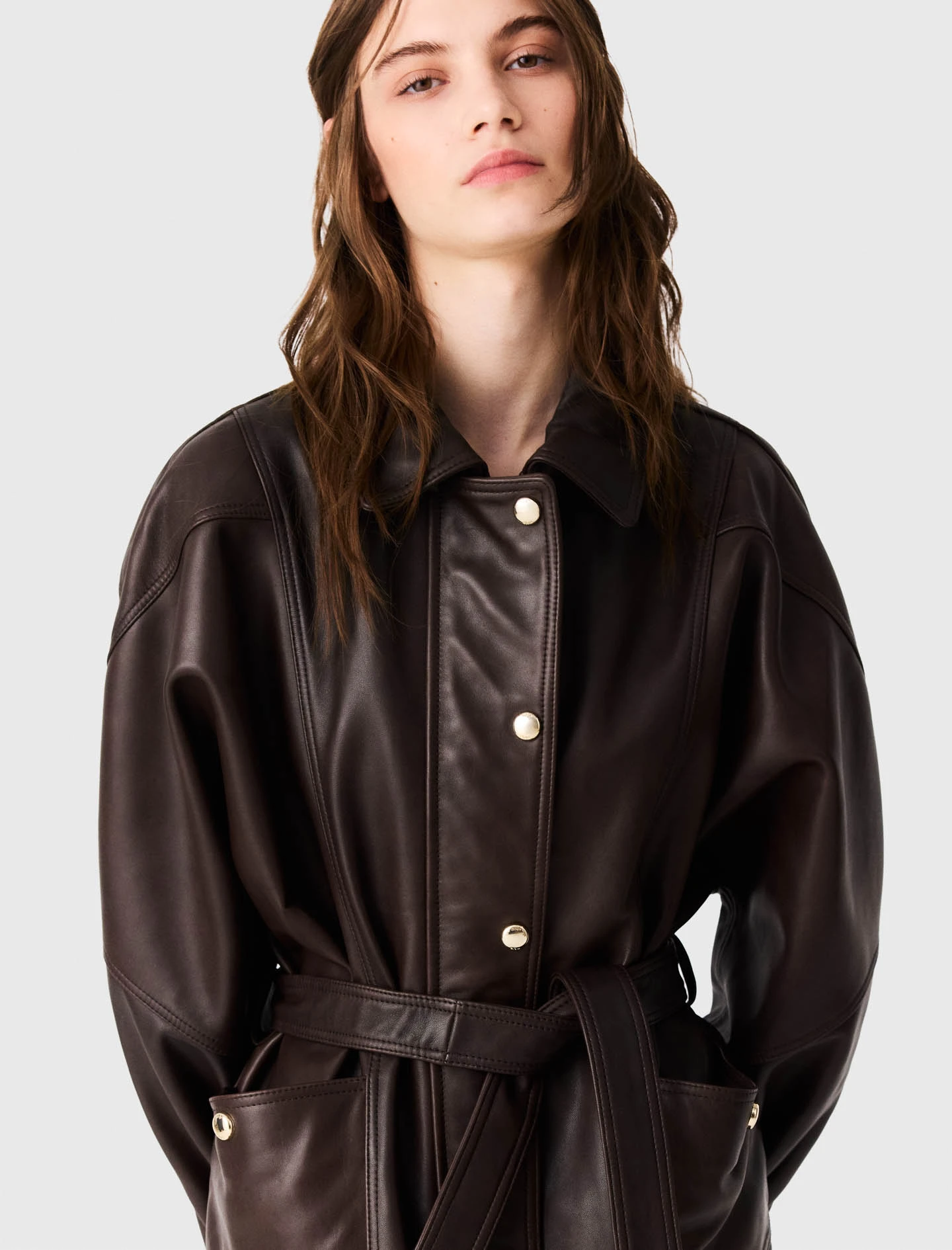 Oversize gold-button leather jacket - Brown