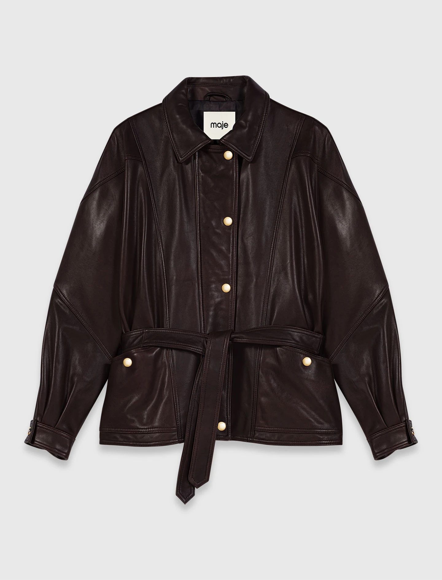 Oversize gold-button leather jacket - Brown