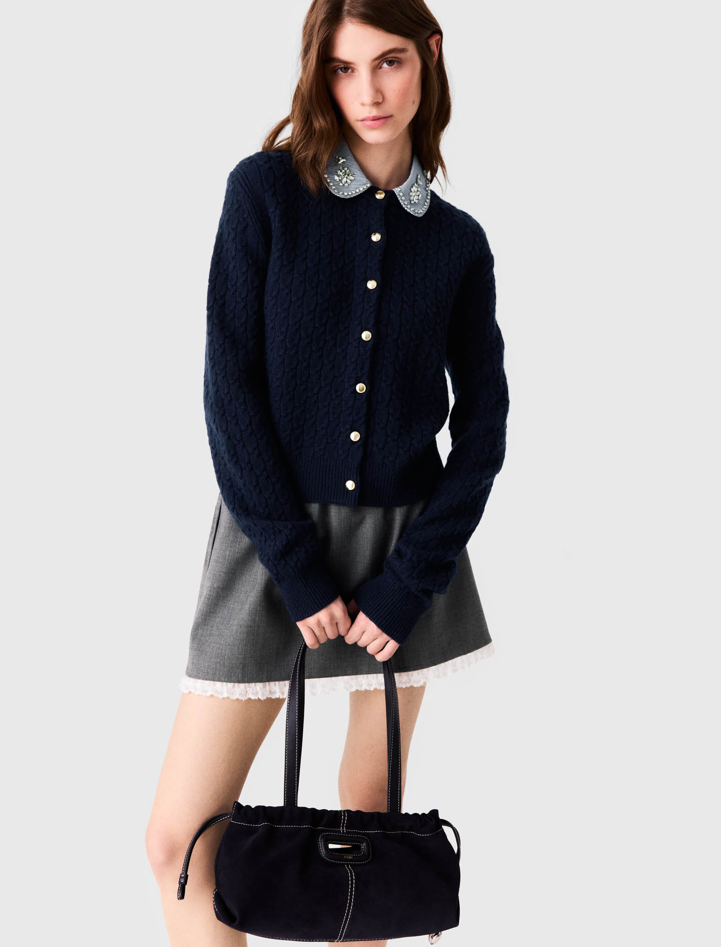 Cardigan with poplin collar - Navy