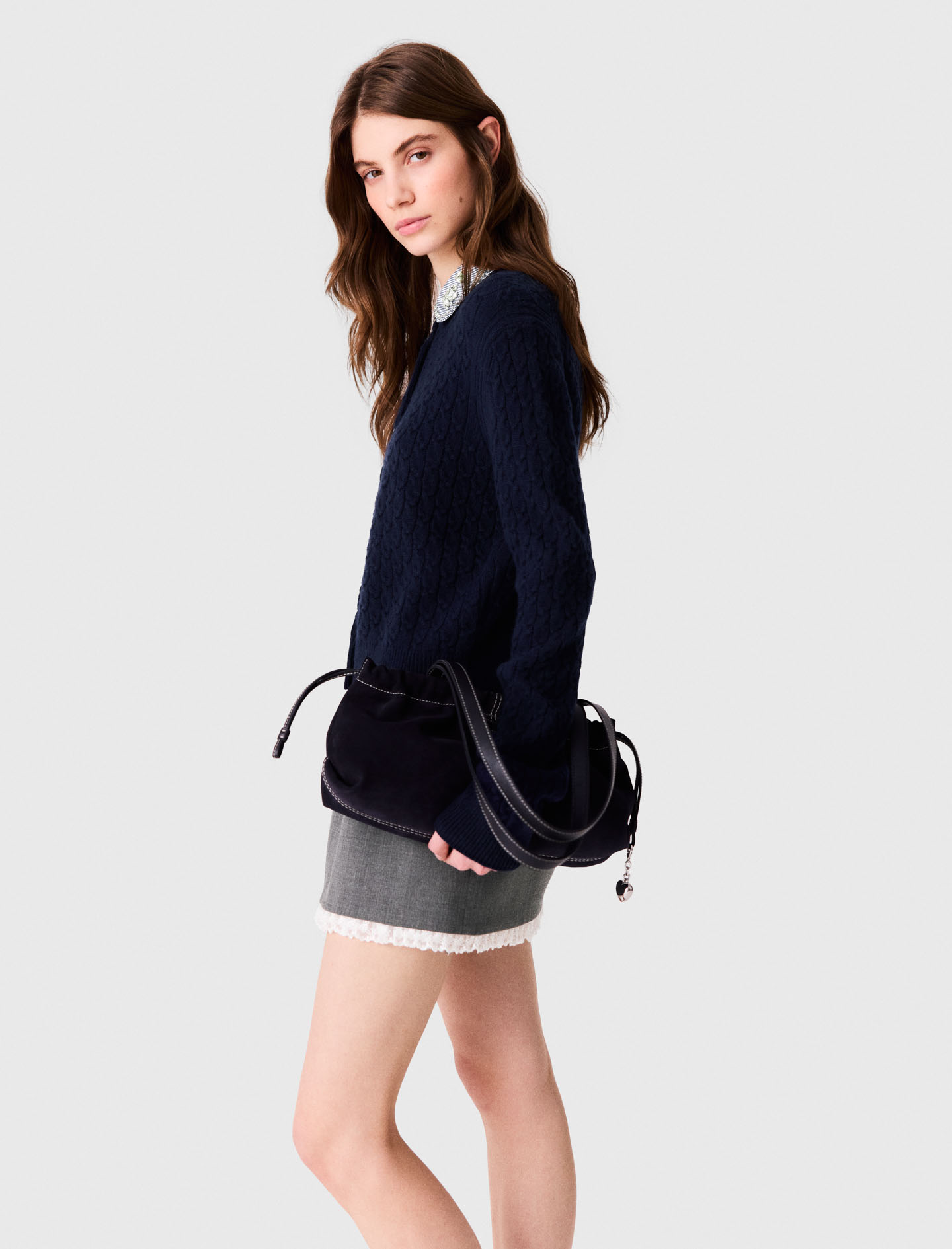 Cardigan with poplin collar - Navy