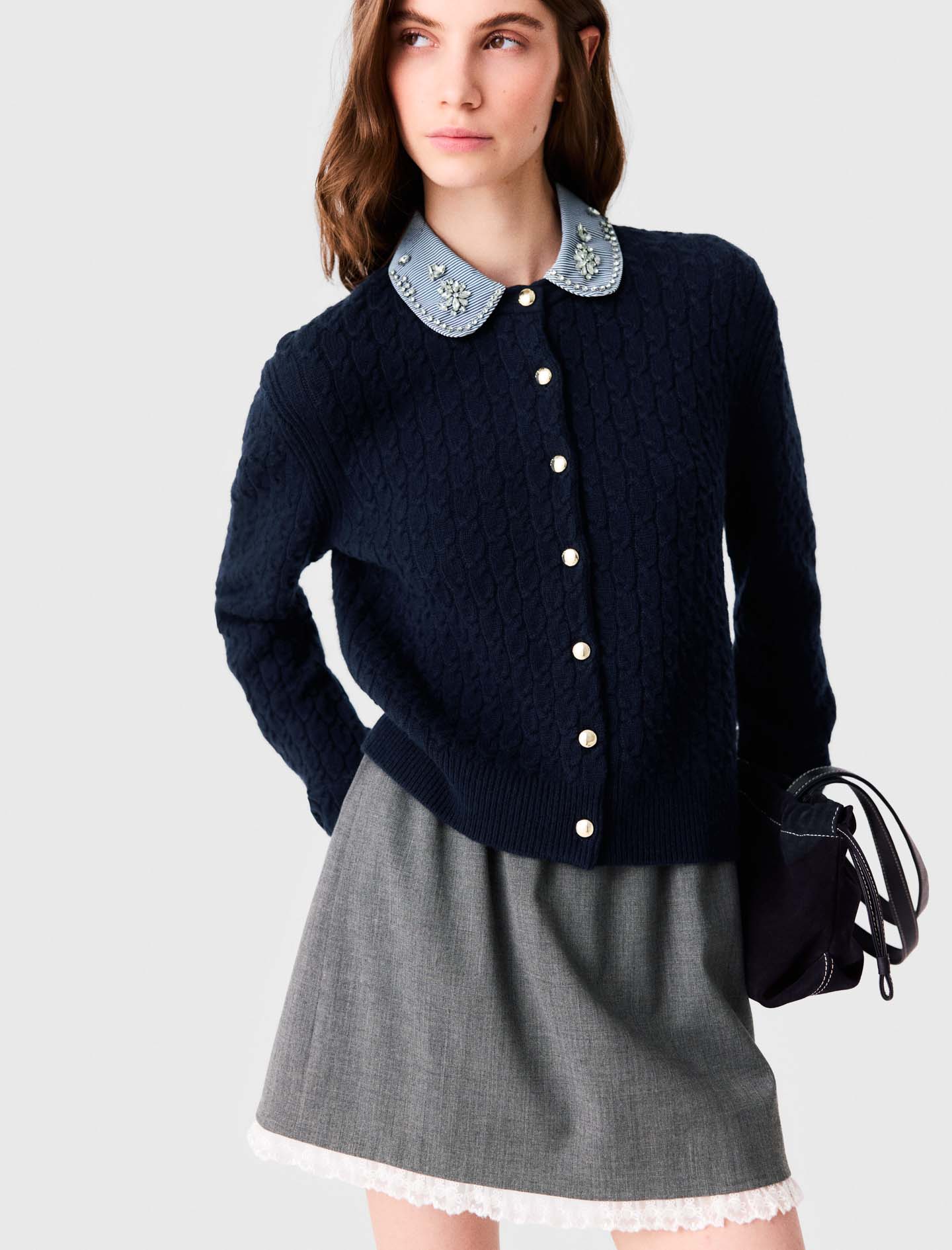 Cardigan with poplin collar - Navy