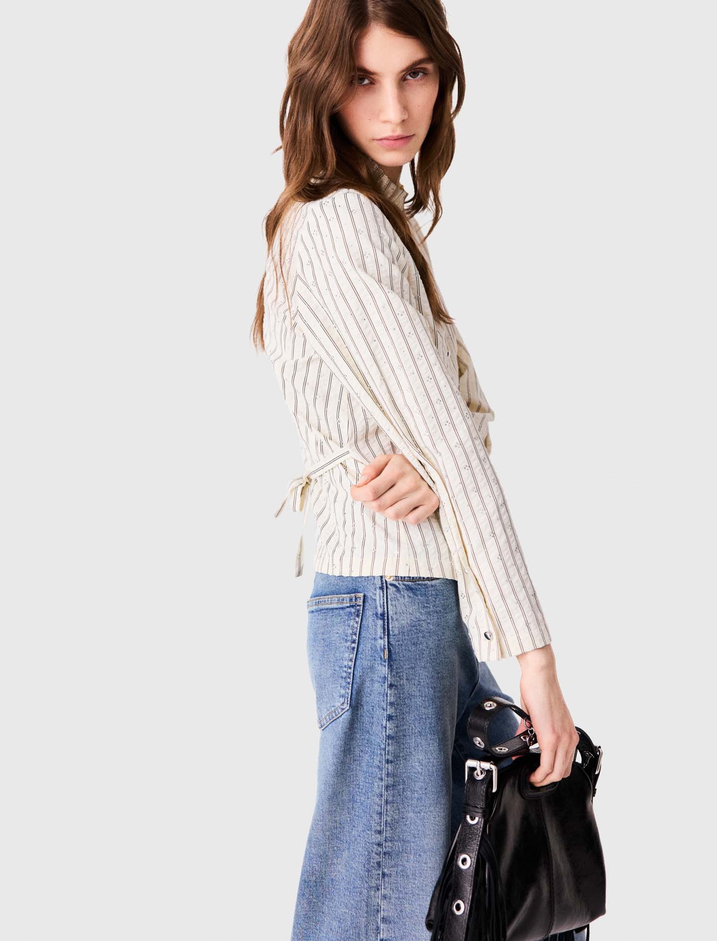 High-neck rhinestone shirt - Ecru