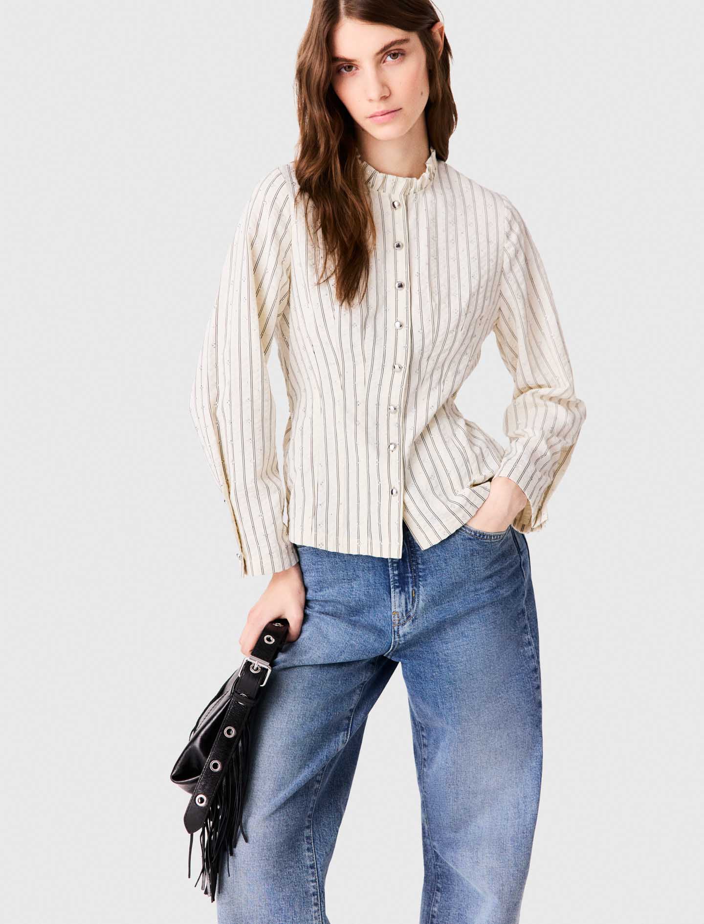 High-neck rhinestone shirt - Ecru