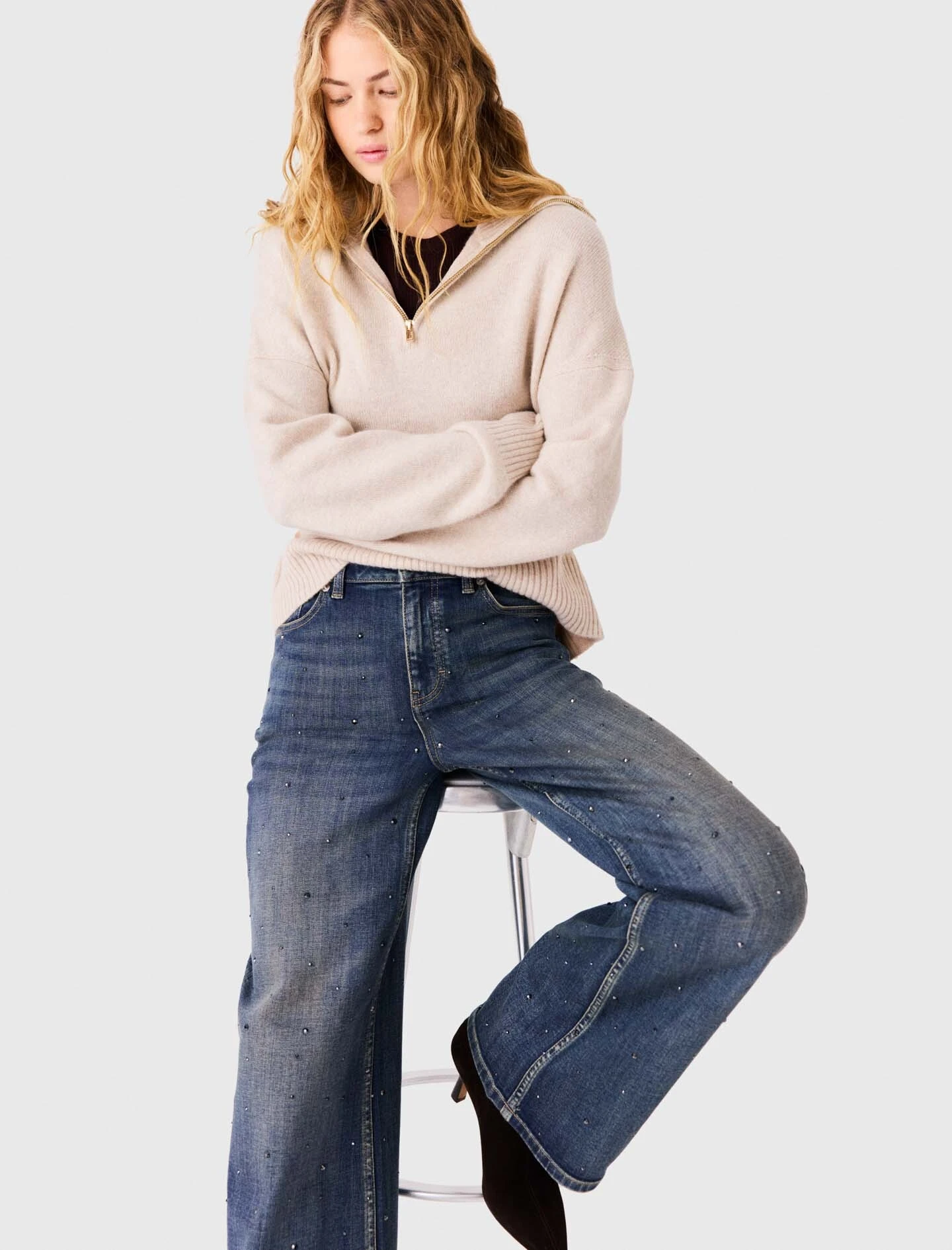 Wide-leg jeans with rhinestones - Blue