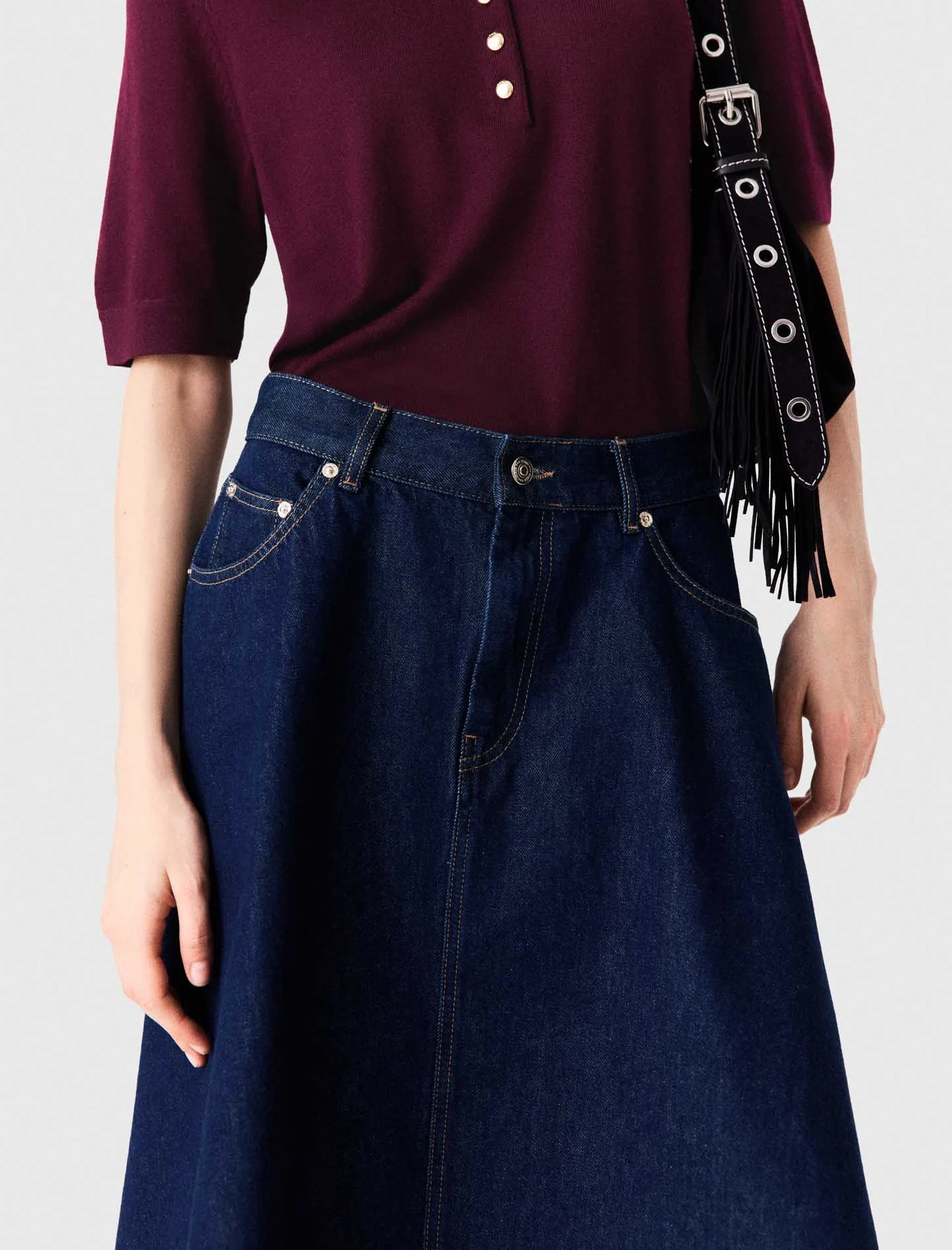 Mid-length flared denim skirt - Navy