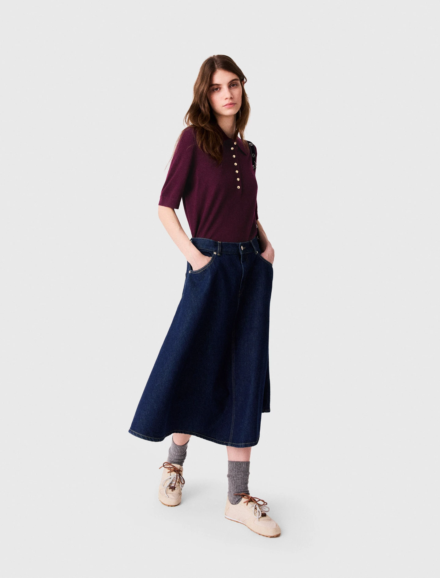 Mid-length flared denim skirt - Navy