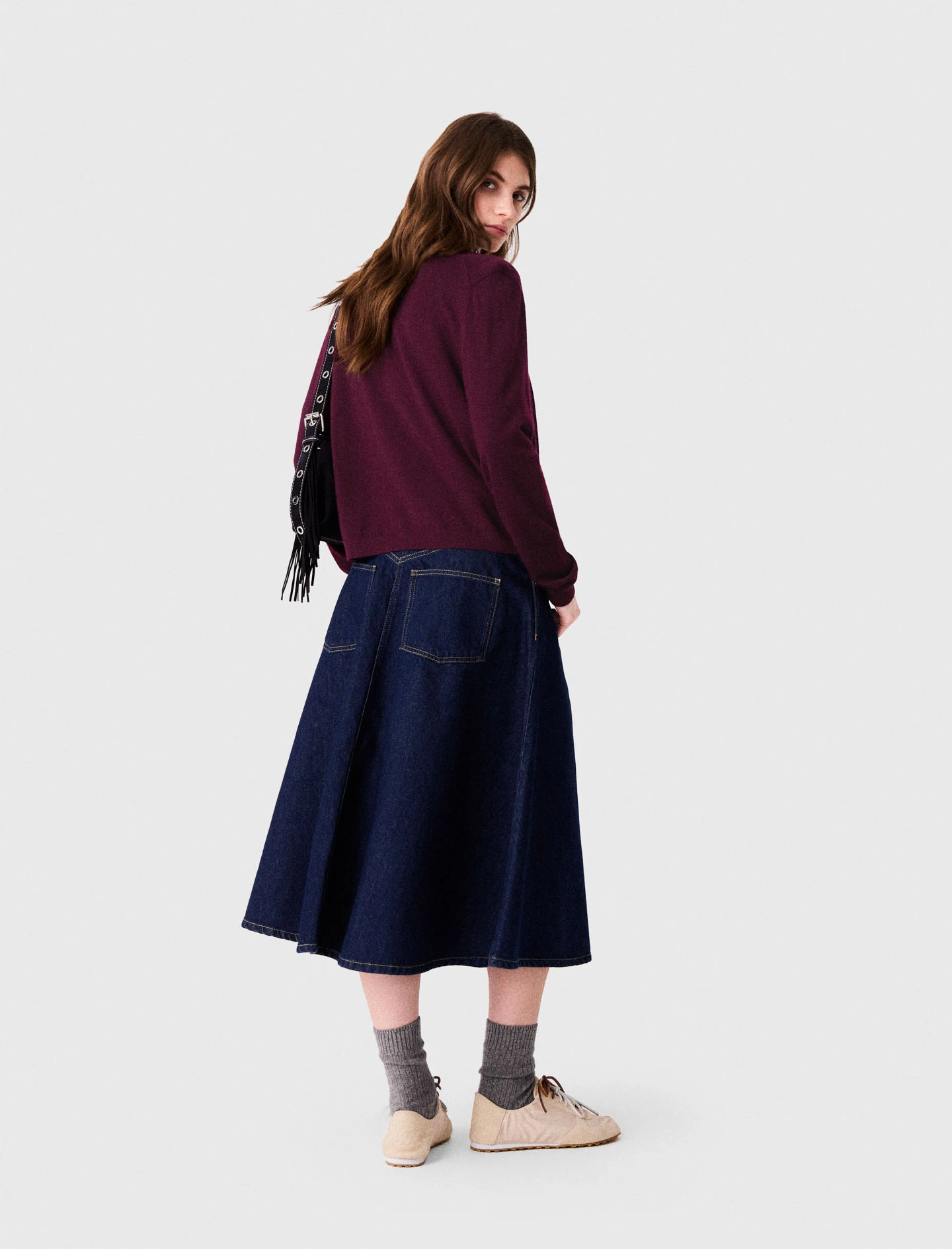 Mid-length flared denim skirt - Navy