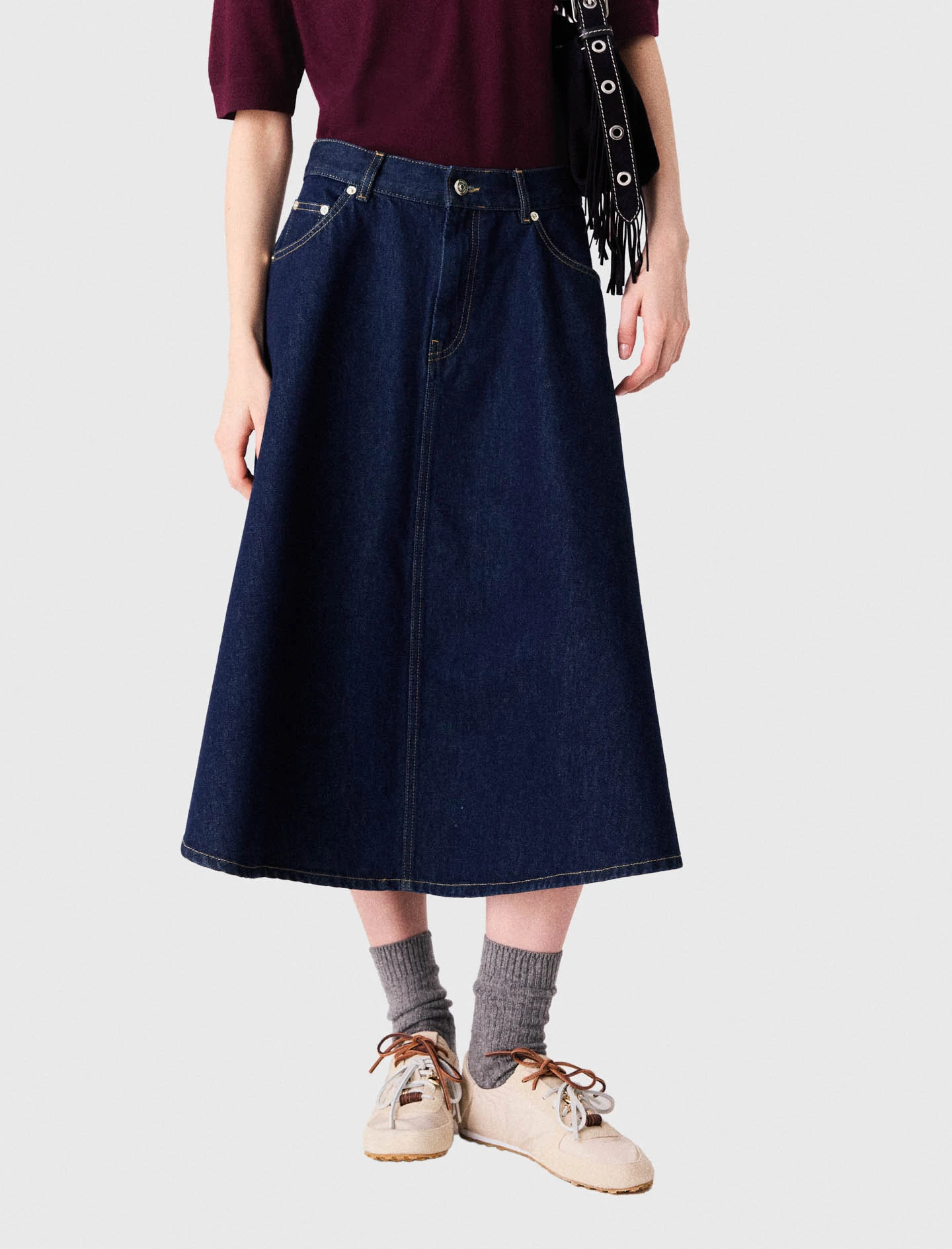 Mid-length flared denim skirt - Navy