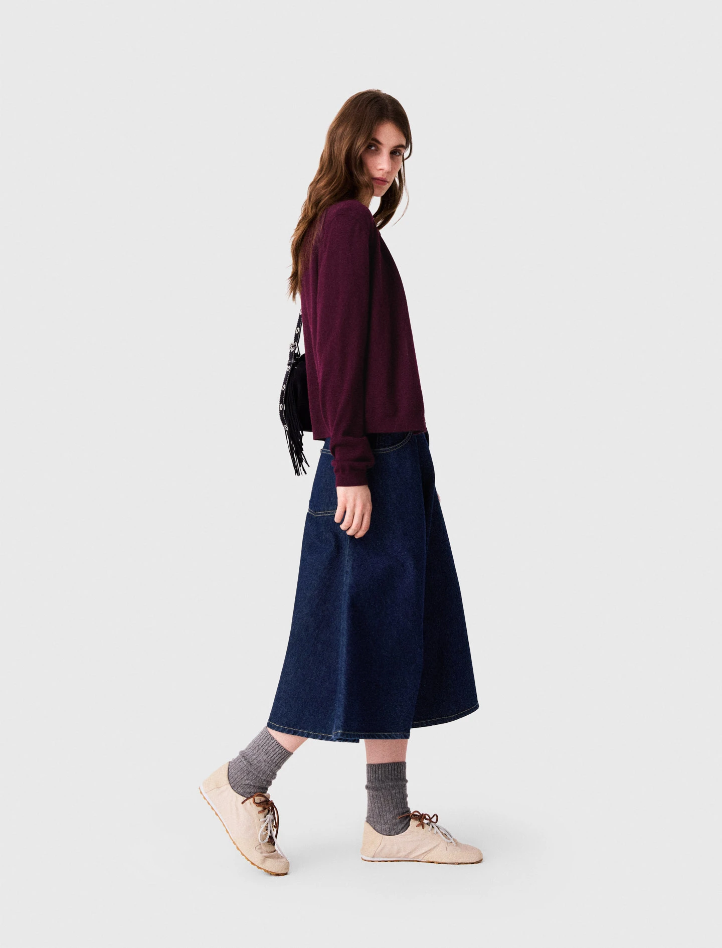 Mid-length flared denim skirt - Navy