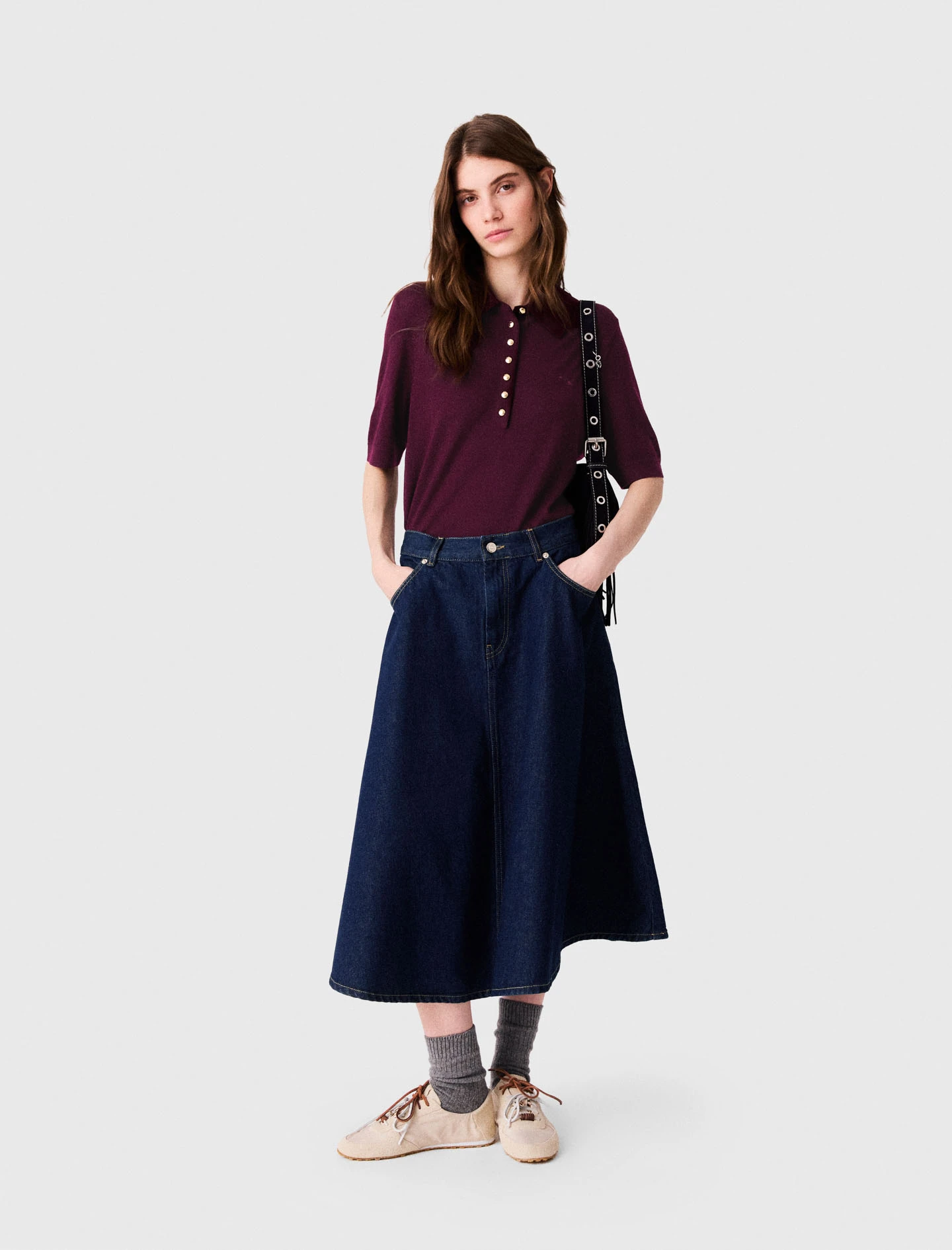 Mid-length flared denim skirt - Navy