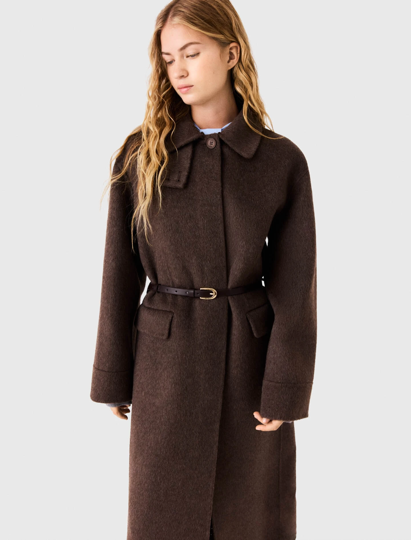 Long coat with faux fur collar - Brown