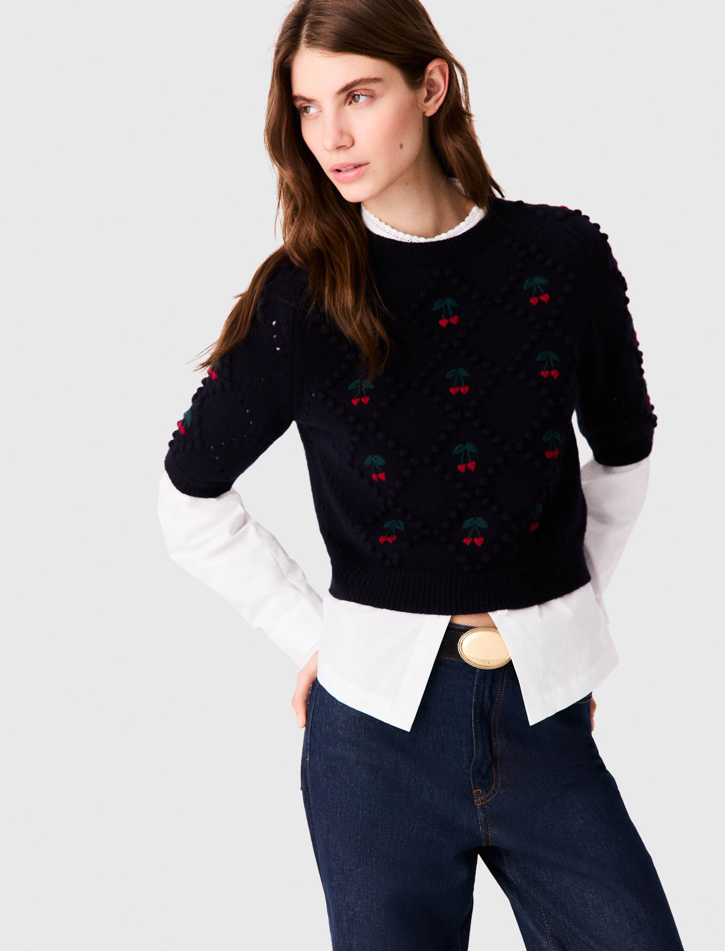 Jumper with embroidered cherries - Navy