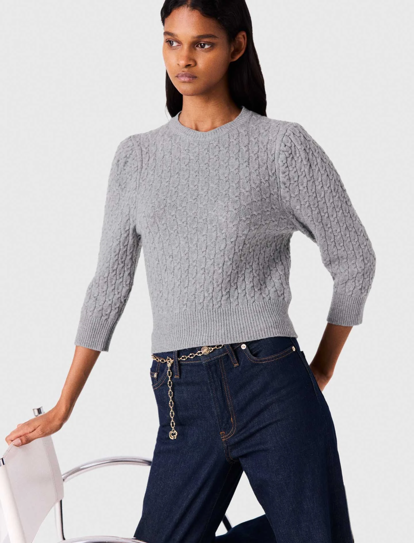 Removable poplin collar jumper - Grey