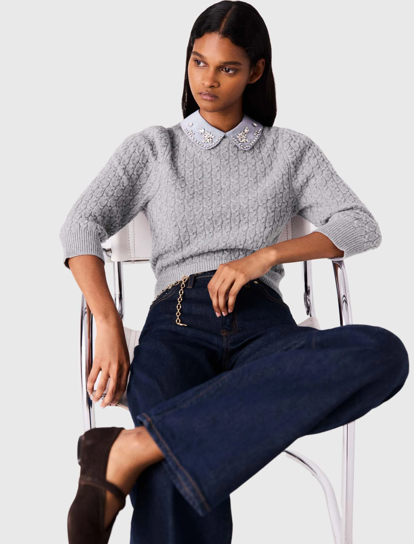 Removable poplin collar jumper - Grey