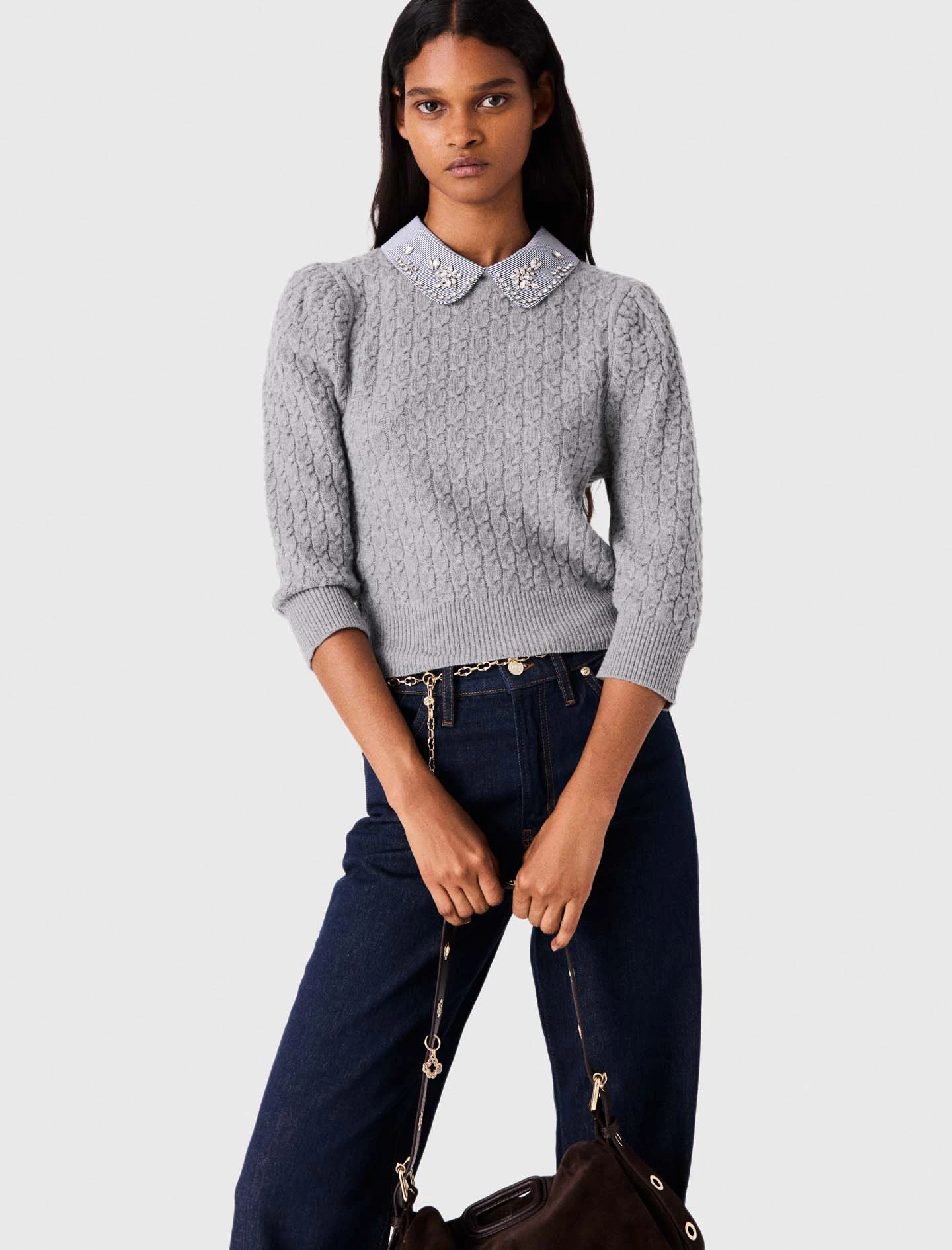 Removable poplin collar jumper - Grey