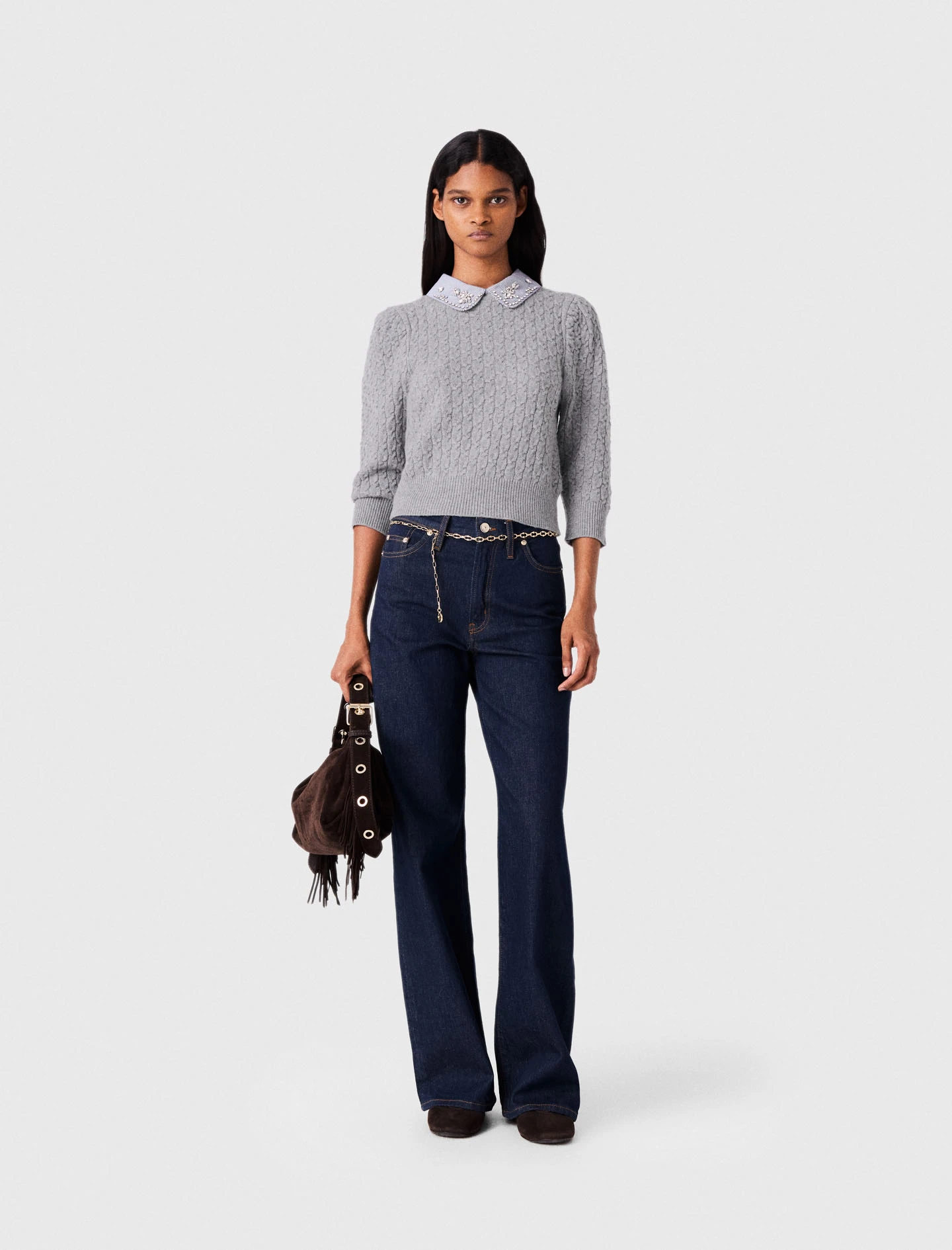 Removable poplin collar jumper - Grey
