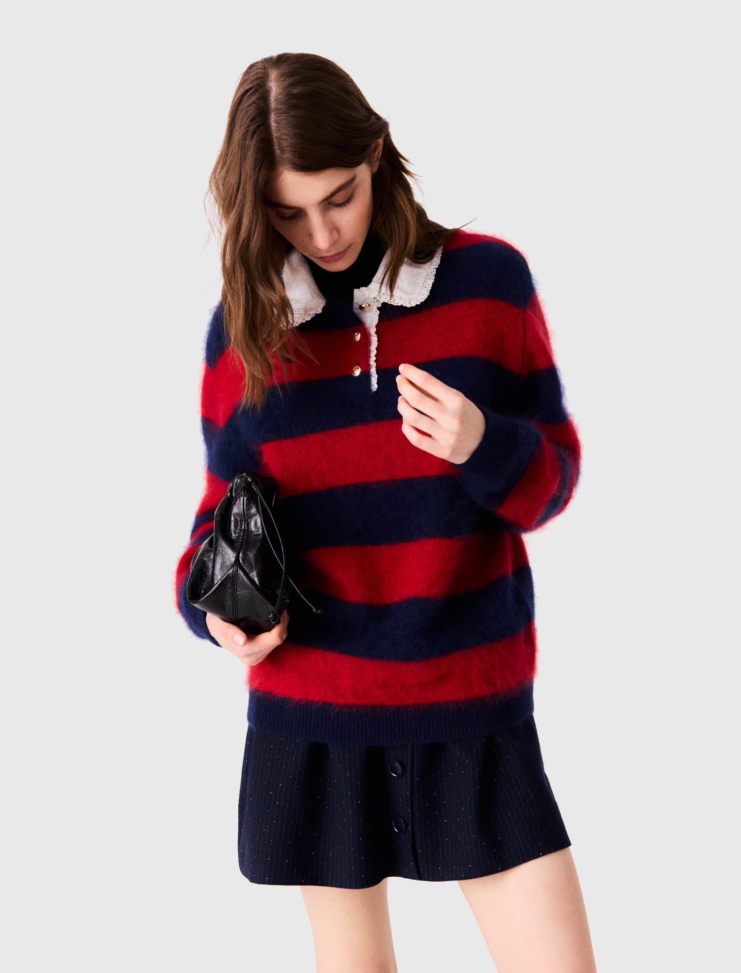 Fluffy jumper with poplin collar - Navy