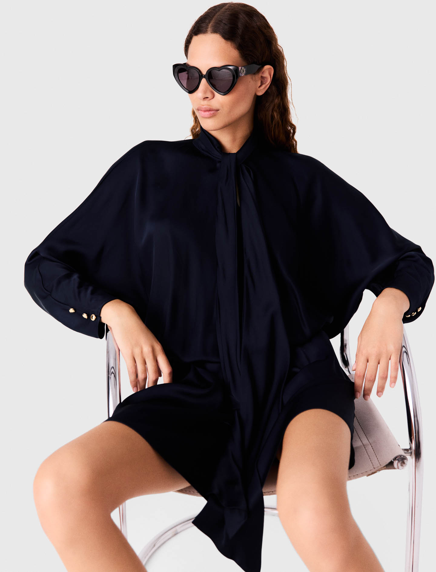 Short draped satin dress - Navy