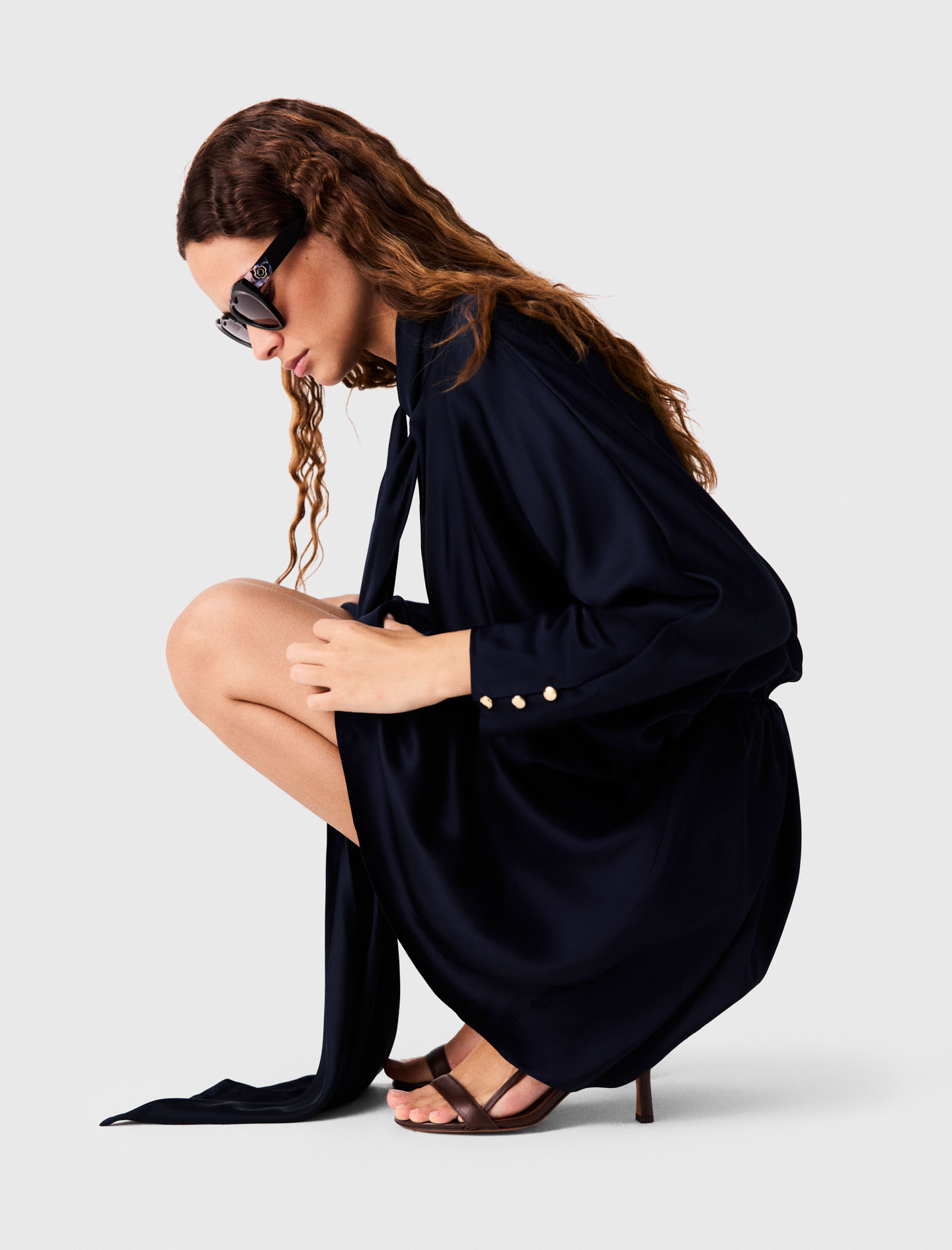 Short draped satin dress - Navy