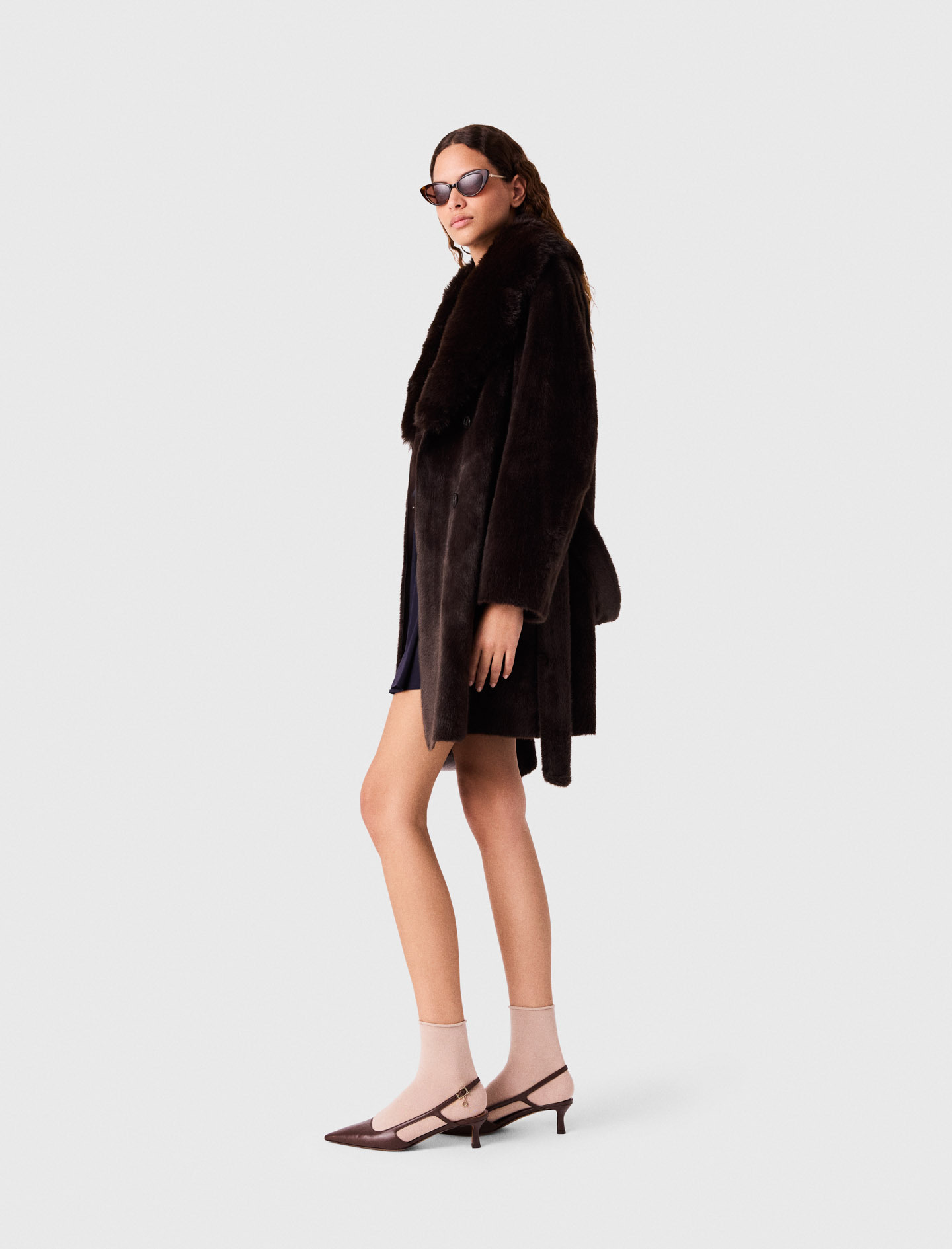 Mid-length faux fur coat - Brown