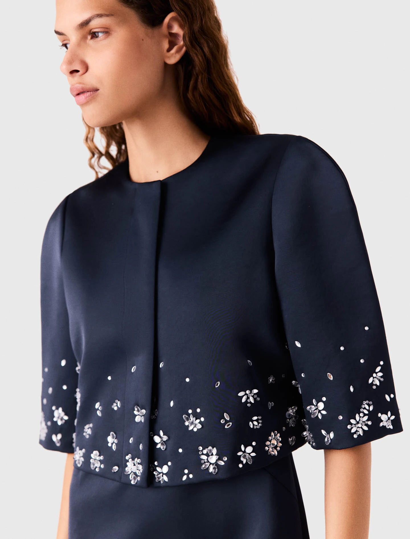 Short embroidered satin jacket - Navy