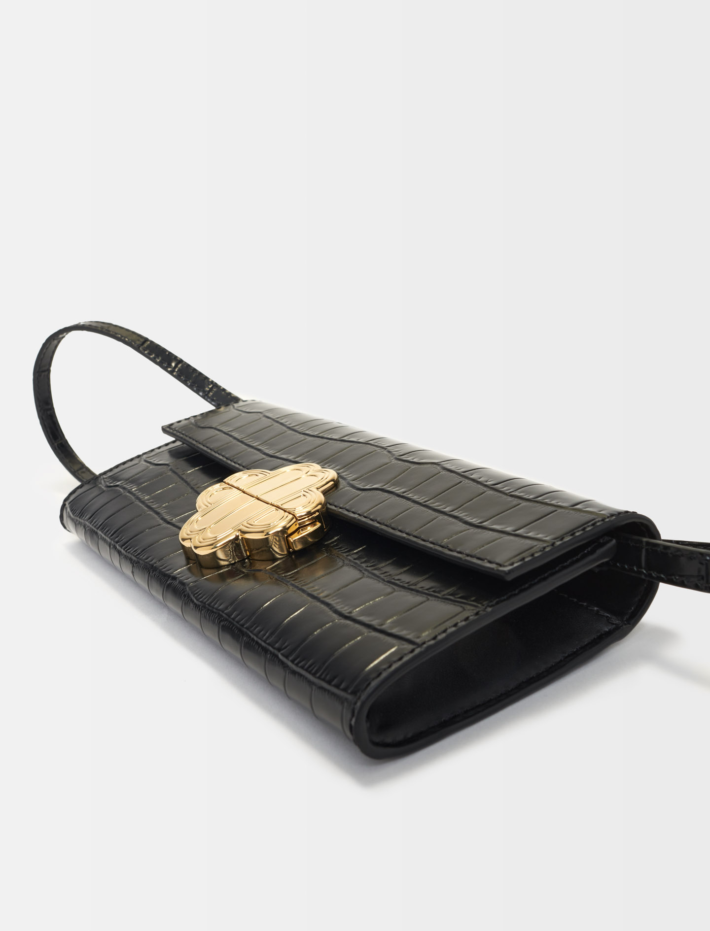 Croc Effect Embossed Leather Bag - Black