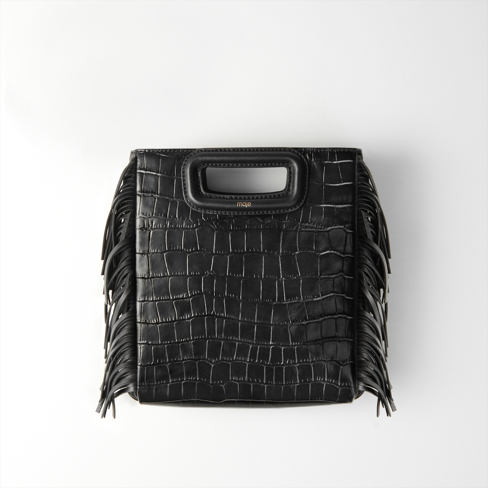 Croco effect leather M Bag with fringing - Black