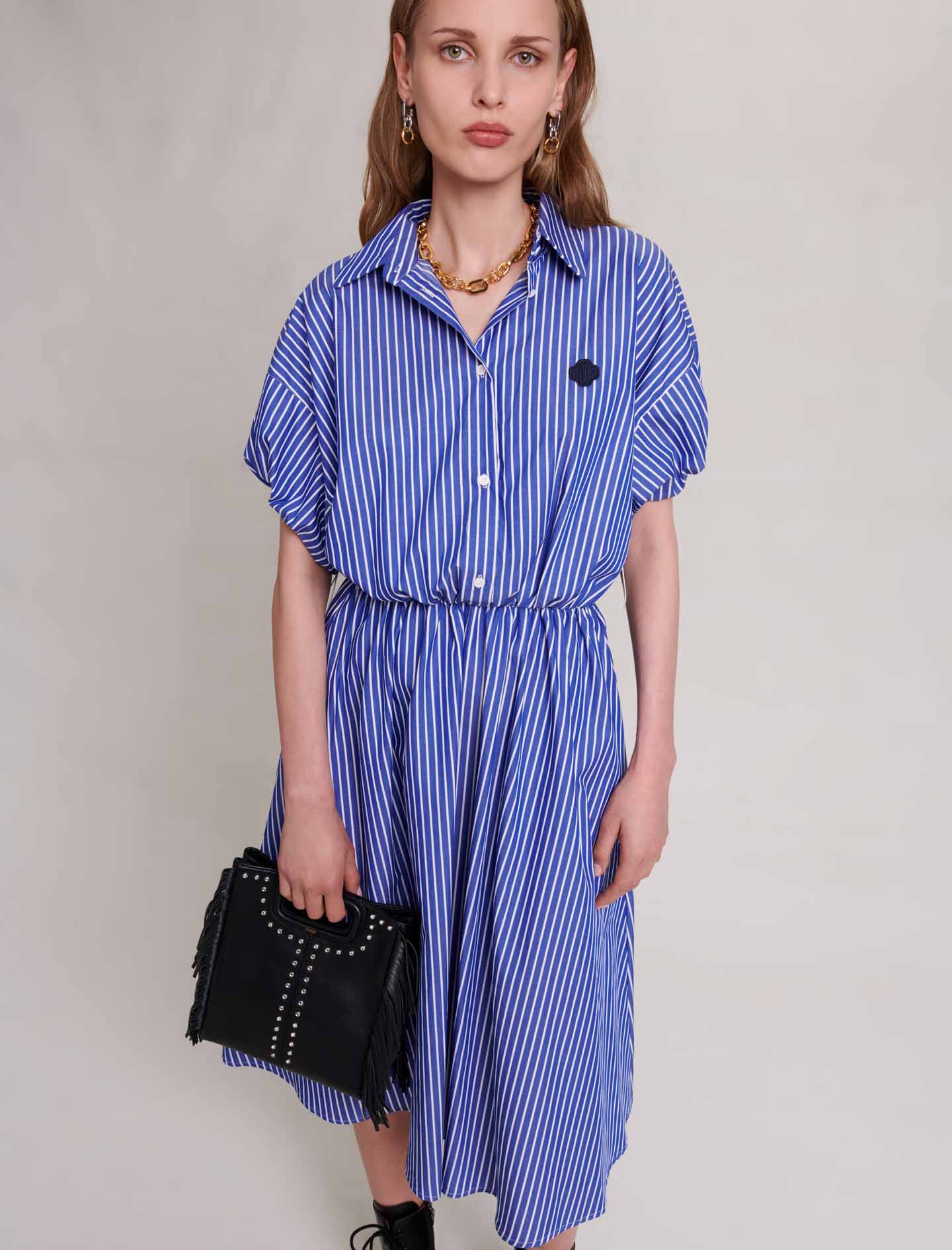 Long Striped Shirt Dress - Blue