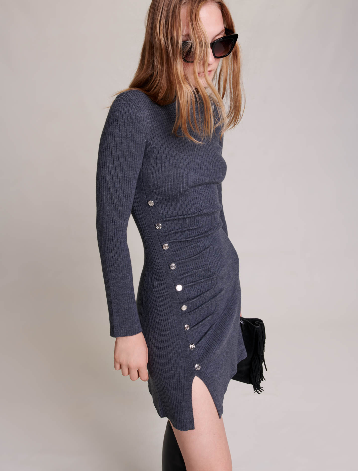 Rib Short Knit Dress - Grey