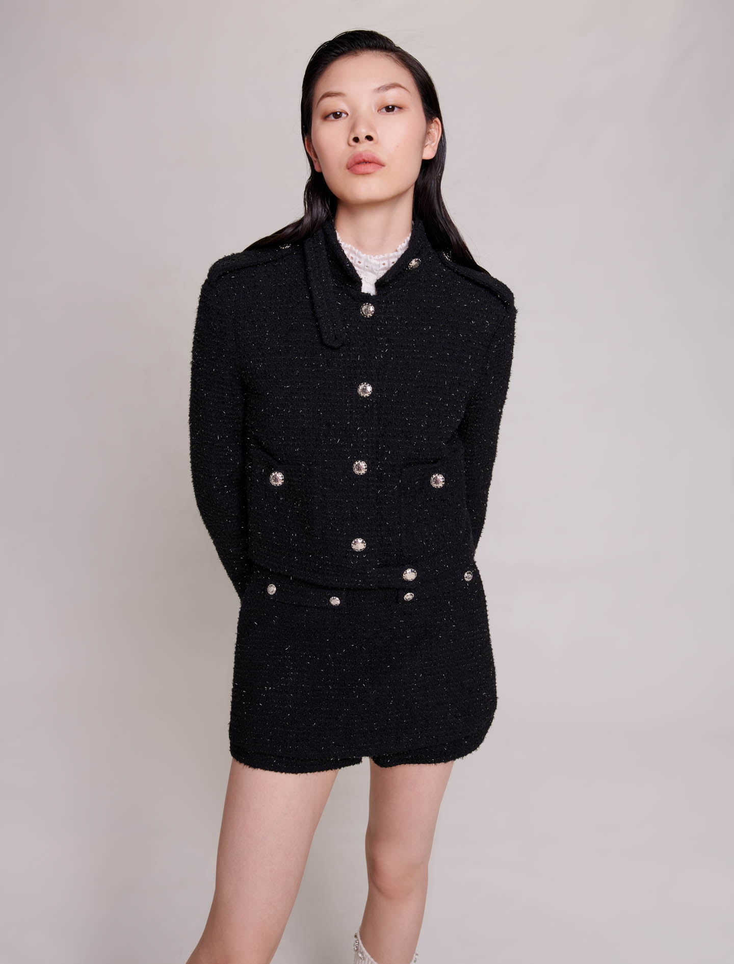 Decorative tweed cropped jacket - Black