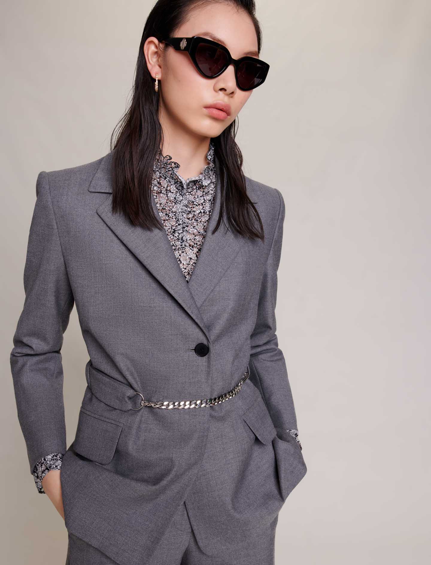 Suit Jacket with Chain Belt - Grey