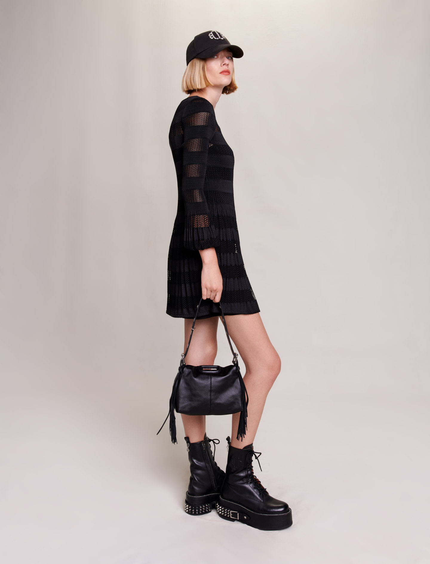 Short Openwork Knit Dress - Black