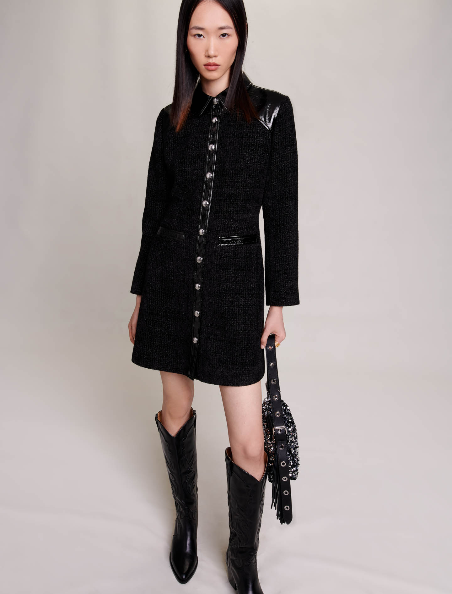 Short Velvet Tweed Dress - Black