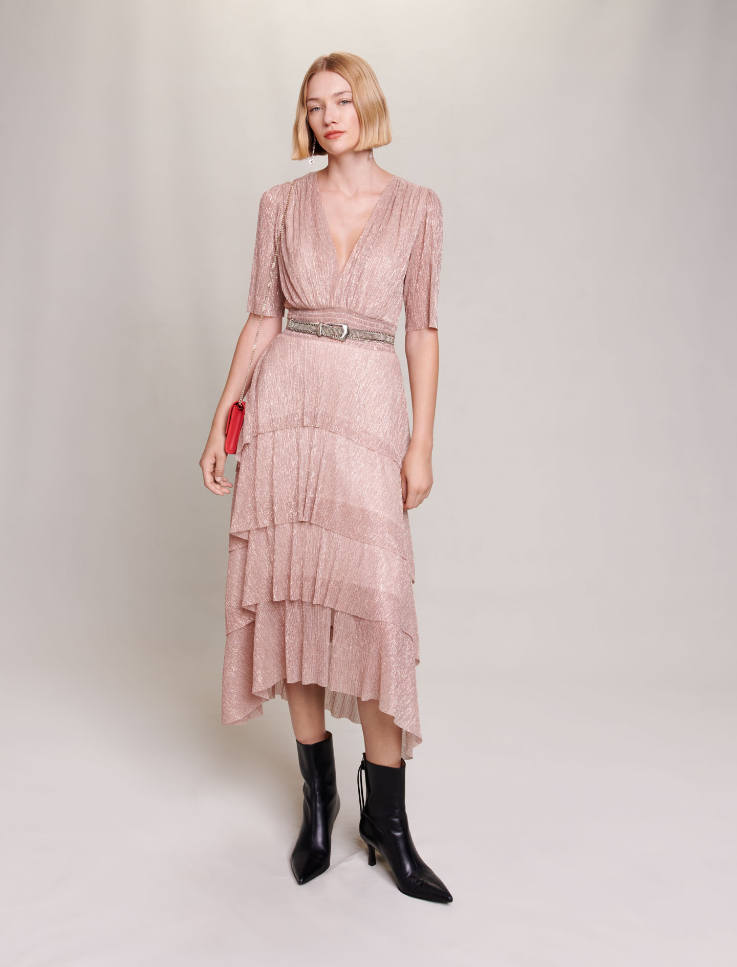 Pink Short ruffled lamé dress - Pink