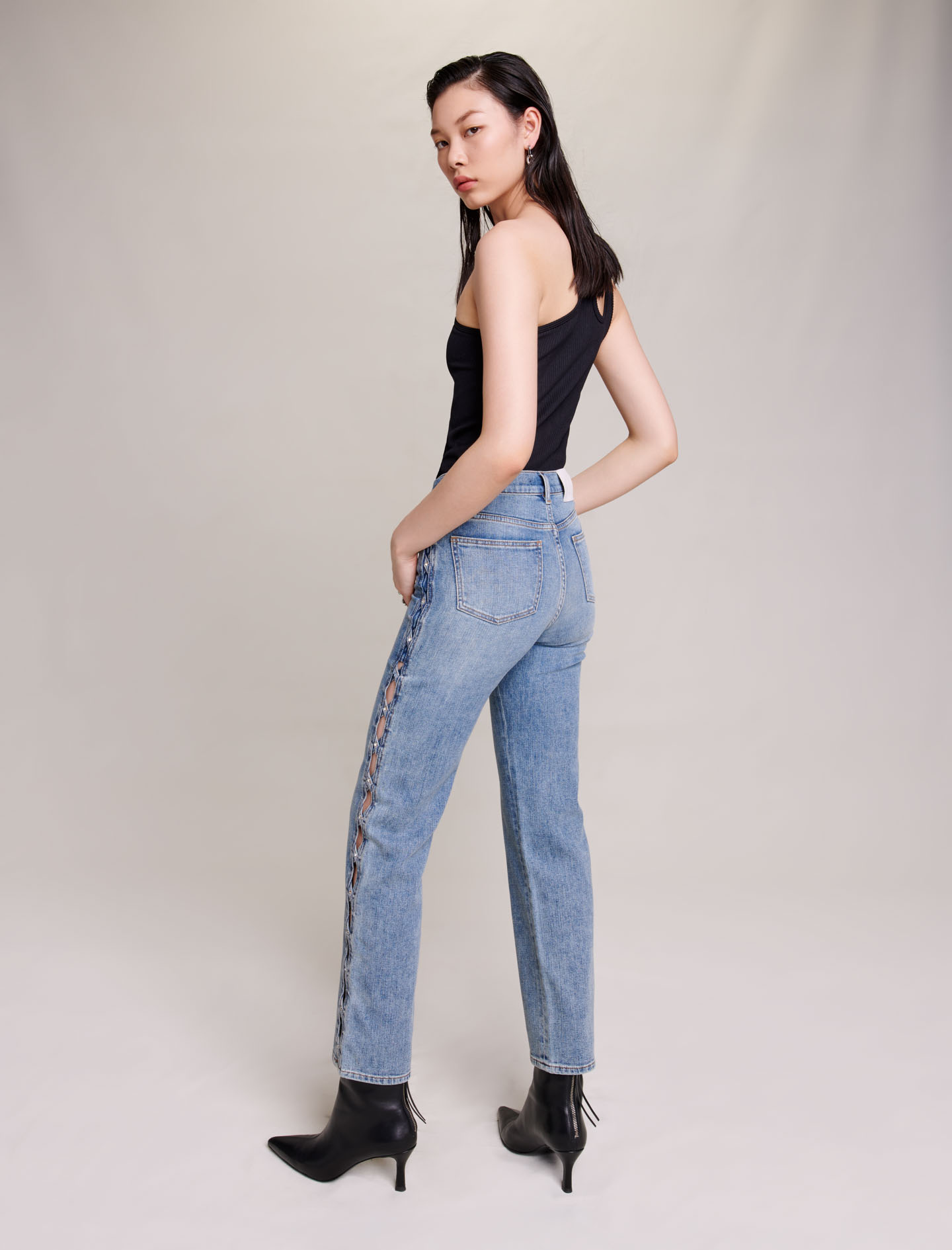 Straight leg jeans with lace up side - Blue