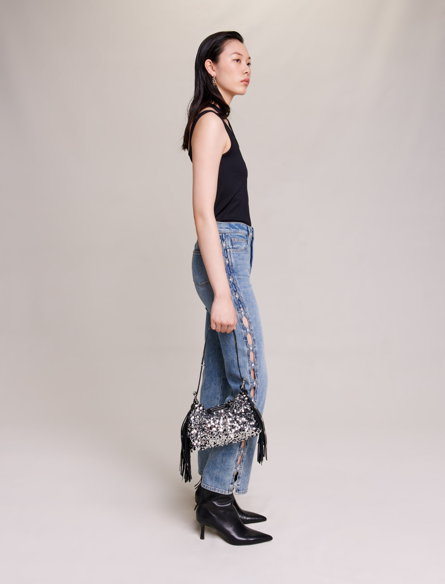 Straight leg jeans with lace up side - Blue