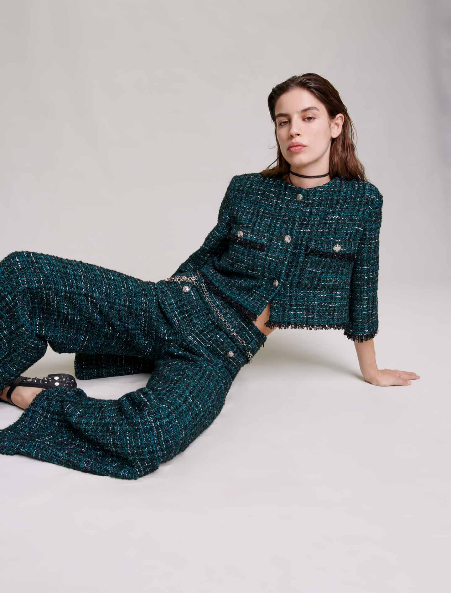 Tweed Wide leg Trousers- Green