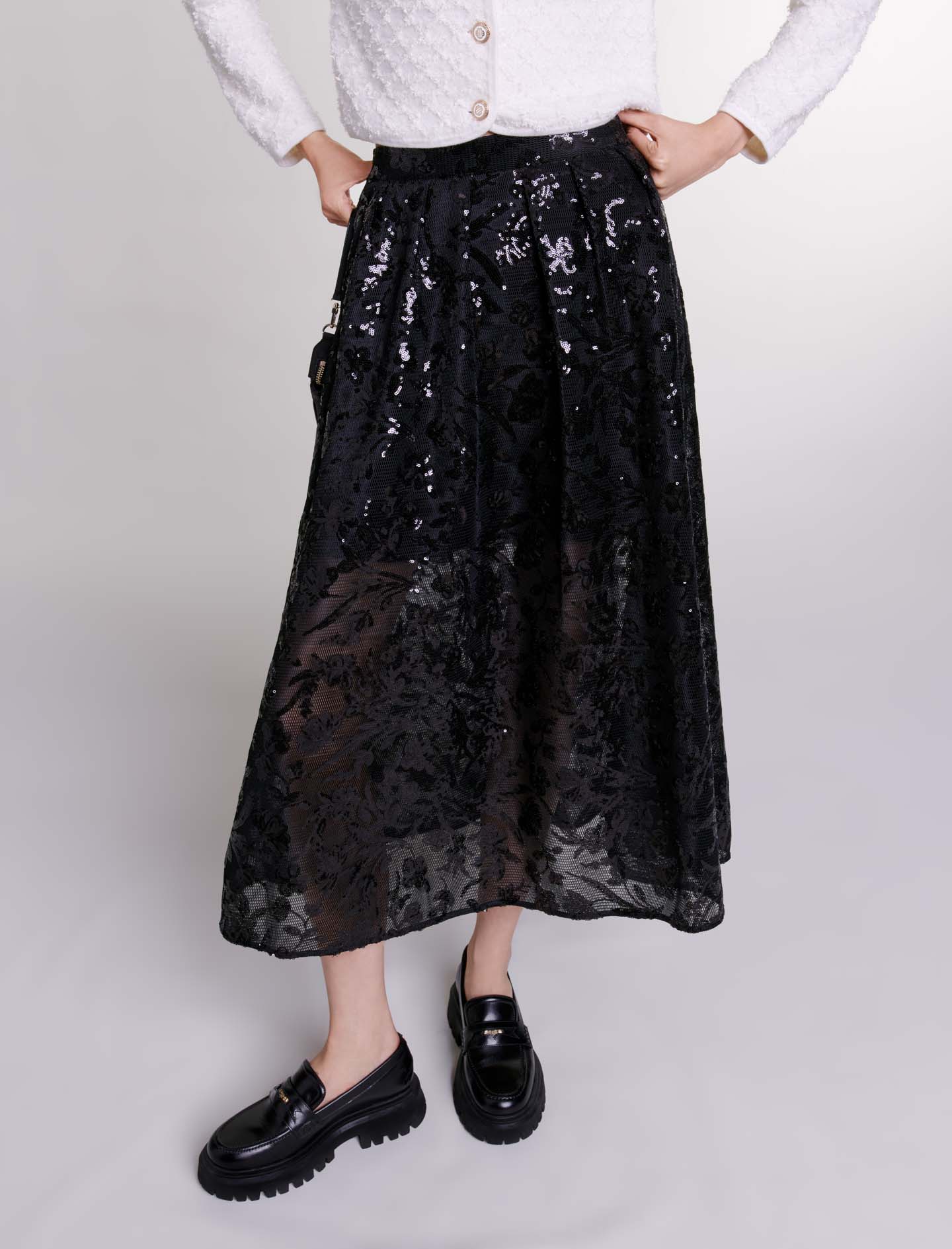 Long skirt with embroidered sequins - Black