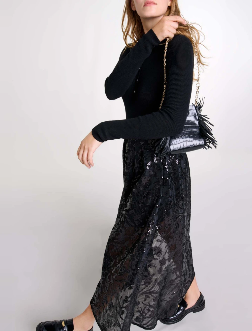 Long skirt with embroidered sequins - Black