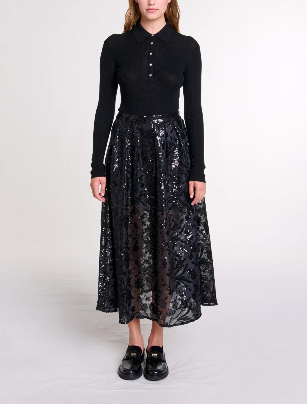 Long skirt with embroidered sequins - Black