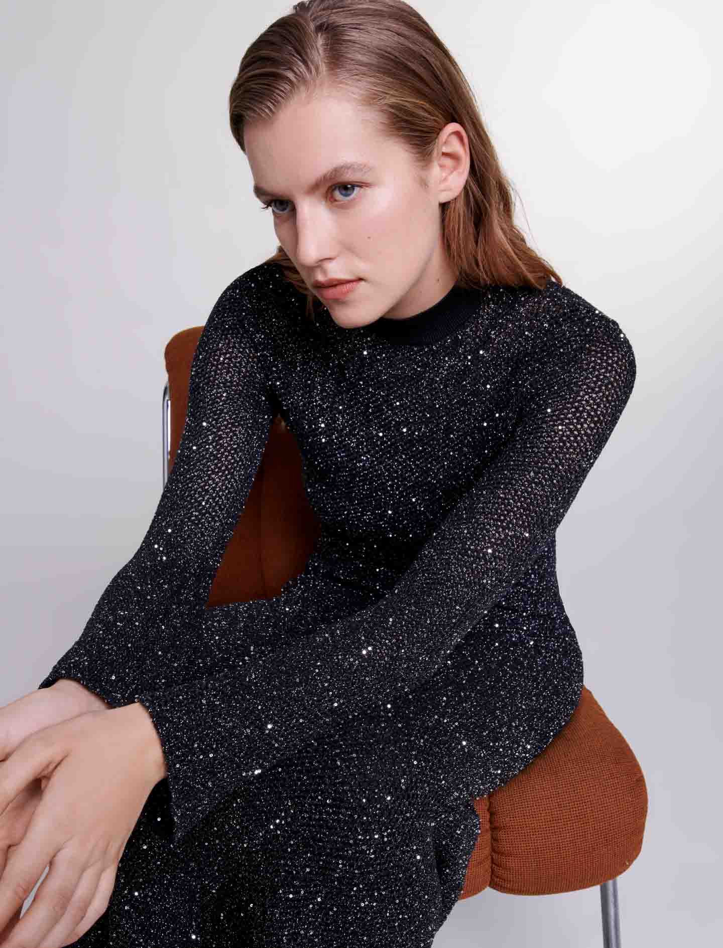 Long sequin knit dress - Black