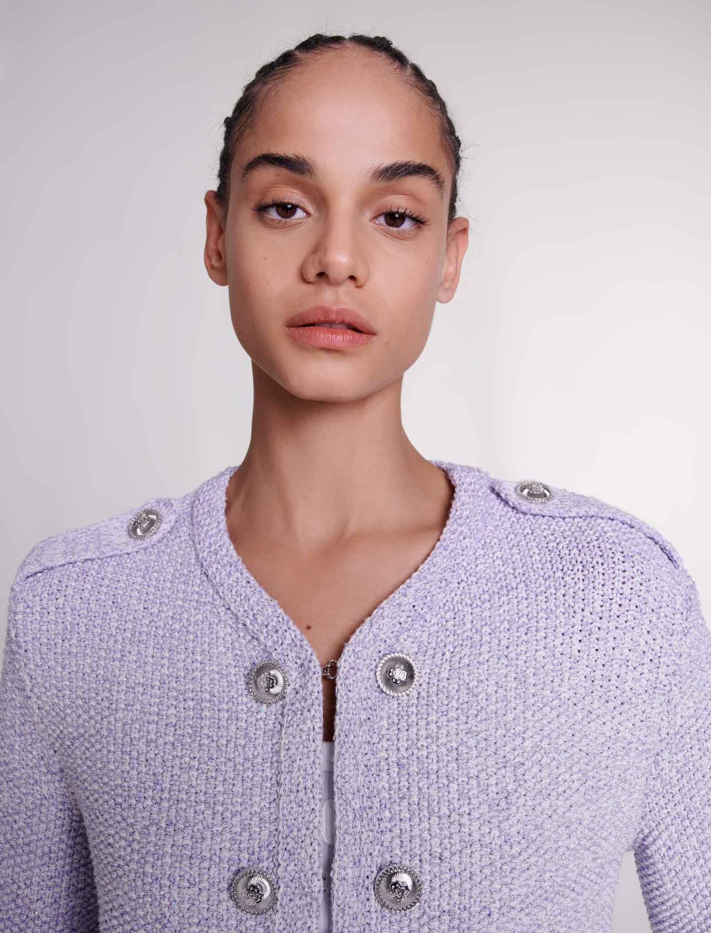 Cropped Glitter Knit Cardigan - Purple