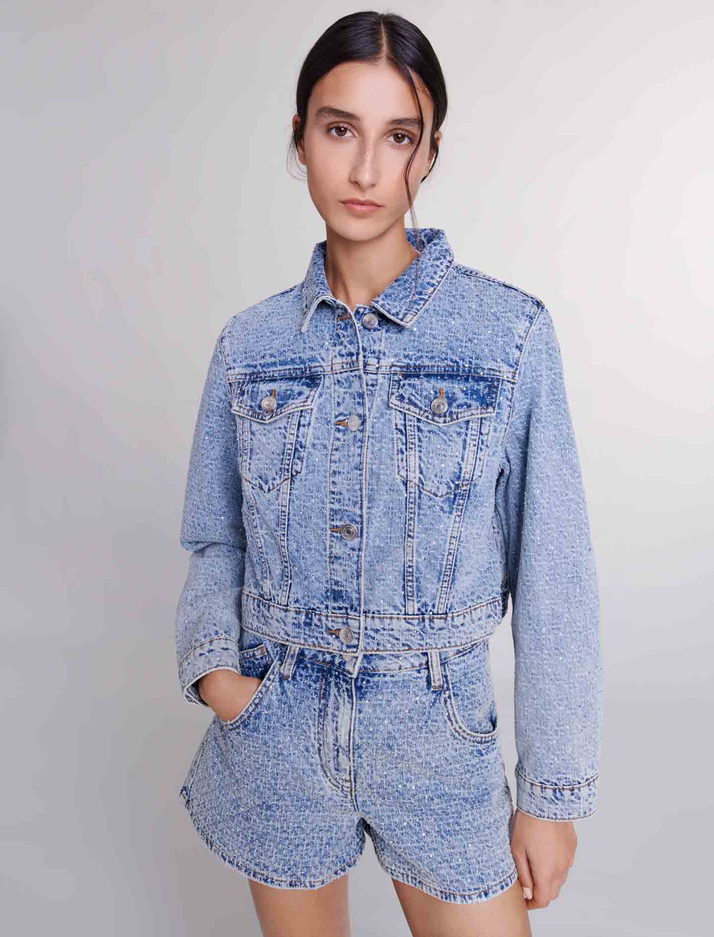 Faded Cropped Denim Jacket - Blue