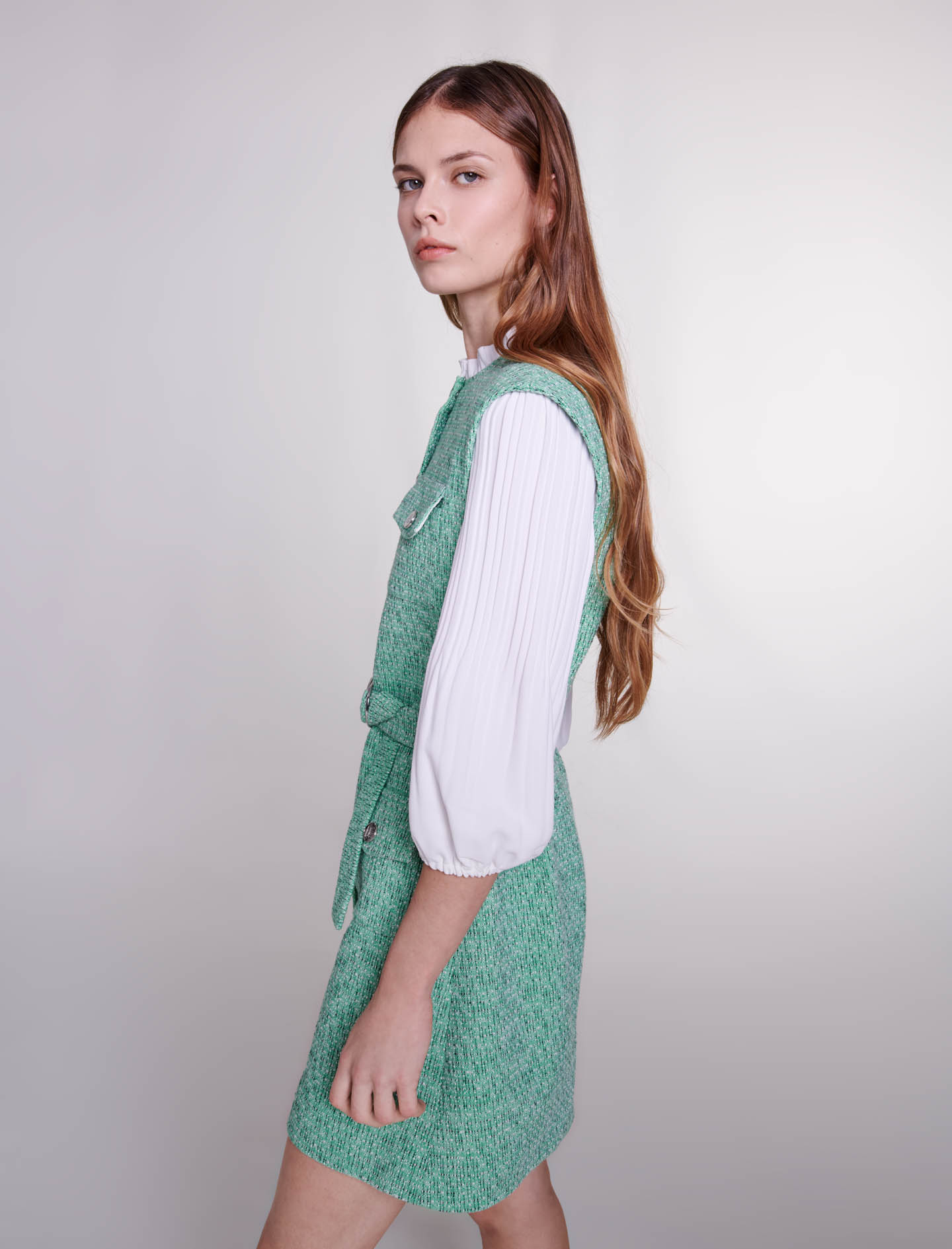 Dual Material Tweed Dress - Green