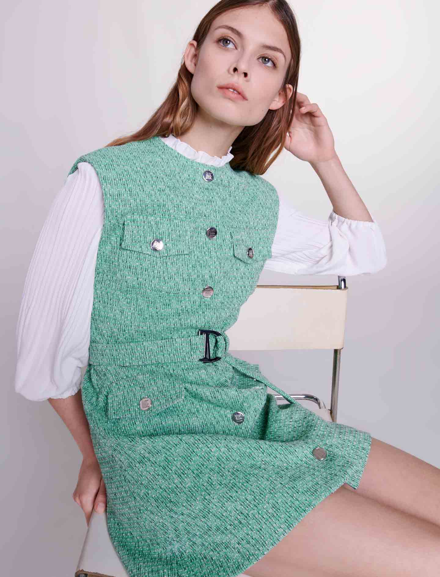 Dual Material Tweed Dress - Green